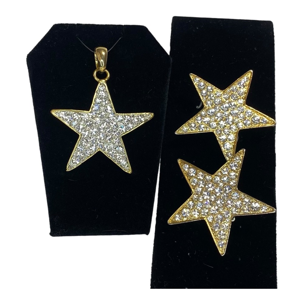 Pave Crystal Rhinestone Goldtone Star Pendant *NO CHAIN* & Clip On Earrings VTG